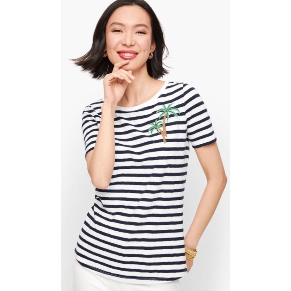 Talbots Beaded Palm Tree Navy & White Striped Short Sleeve Tee Women's Size 2X